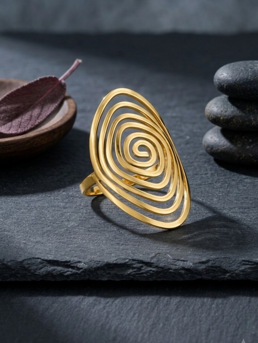 18K Gold Plated Spiral Swirl Statement Ring Mediterranean Modern Adjustable